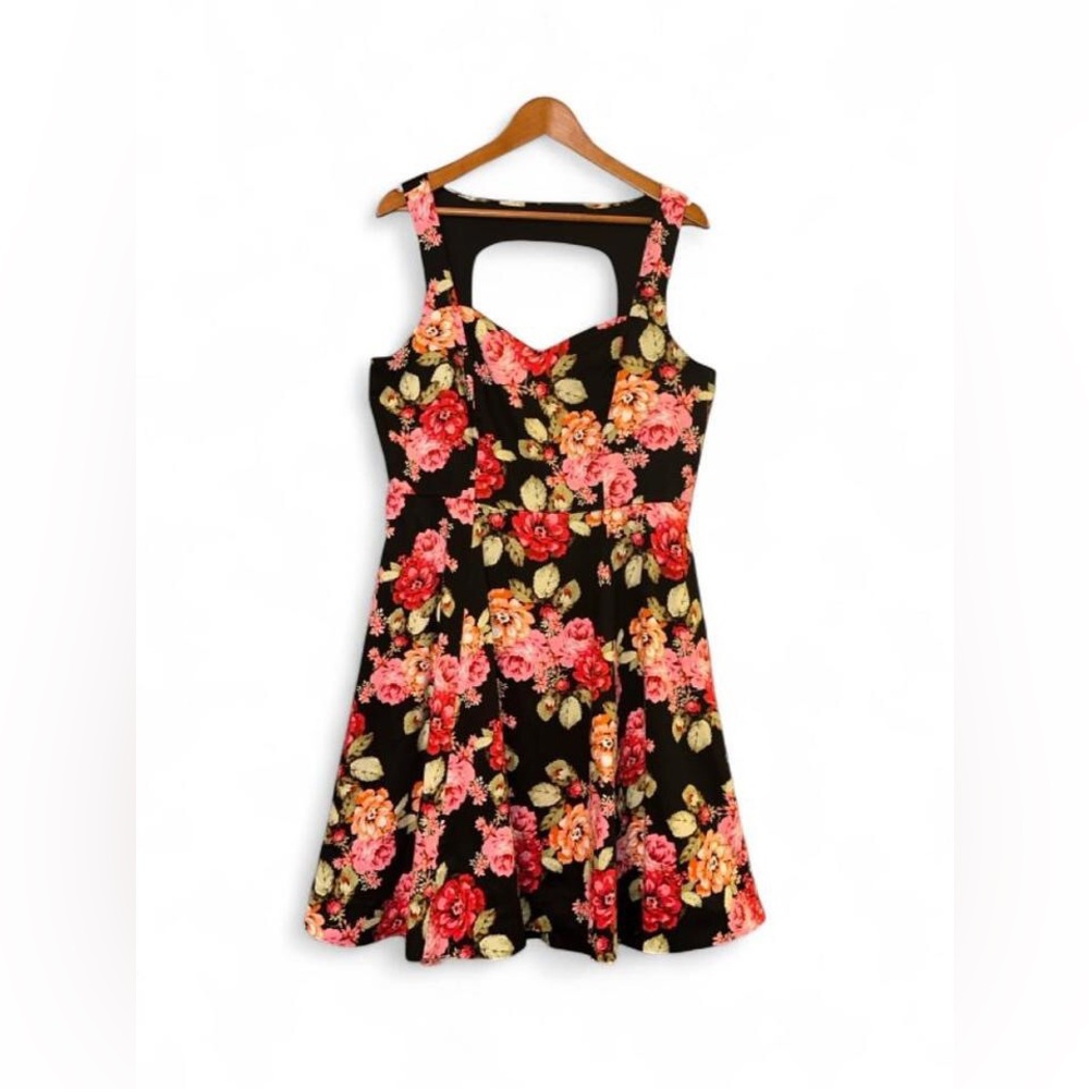 Torrid Dark Floral Dress Fit Flare Midi Skater Back Cutout Black Multi Plus 14